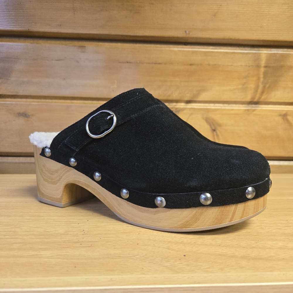 Chinese Laundry Claire Clog Leather Suede Upper Faux Shearling Black Size 8.5